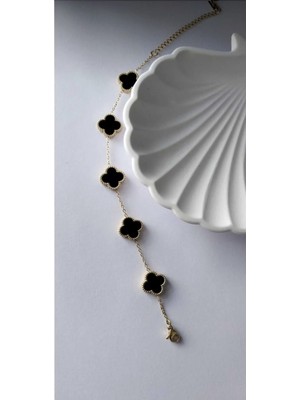 Normadia Şık Siyah Sedefli Alhambra Çelik Bileklik, Zarif ve Modern Takı Tasarımı