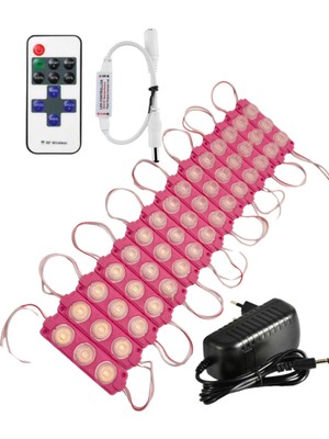 Powerr Led Aydınlatma 20 Adet 12 Volt 3 Watt 3 Lens Pembe 3030 LED Modül 12A Tek Renk Rf Dimmer 3A Priz Tipi Adaptör Set