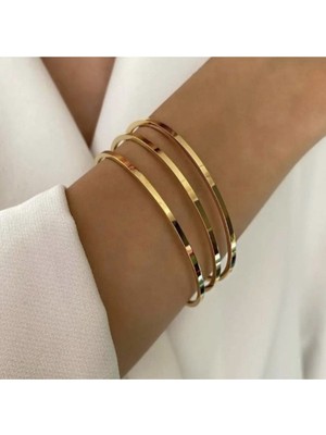 Normadia Şık Altın Tonlu 3'lü Çelik Bilezik Seti, Modern Takı Aksesuarı