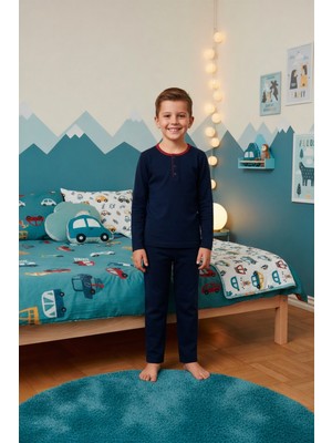 Kompedan Erkek Çocuk Interlok Bisiklet Yaka Pijama Takımı | Lacivert 200
