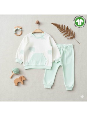 The Nest Kids Mint Meadow Premium Organik Pamuk Fil Desenli Günlük Bebek Alt Üst Takım