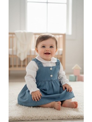 Bebeva Baby Kız Bebek %100 Pamuklu Uzun Kollu Gömlekli Jile Tipi Cepli Denim Kot Elbise Takımı - Mavi/beyaz