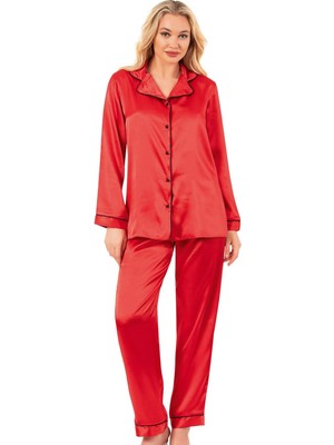 Ahu Biyeli Uzun Kol Saten Önden Düğmeli Pijama Takımı | Kırmızı 7647