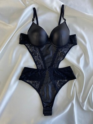 Gold Night Kadın Dantelli Deri Transparan Çıtçıtlı Sütyenli Body Bodysuit Fantezi Iç Çamaşır