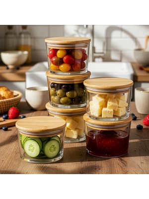 Snippy Feel - 6'lı Bambu Vakumlu Kapaklı Cam Kahvaltılık Çerezlik Saklama Kabı 220 ml