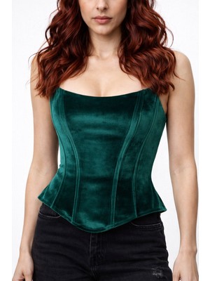 GILLA'S QUEEN Kadın Yeşil Fransız Kadifesi Straplez Tasarım Büstiyer