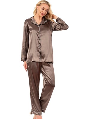 Ahu Biyeli Uzun Kol Saten Önden Düğmeli Pijama Takımı | Haki 7647