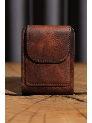 Lenax Mono - Hakiki Gerçek Deri El Yapımı Mıknatıslı Kapaklı Bozuk Para ve Kağıt Para Bölmeli Modern Kartlık Cüzdan | 12 Kart Bölmeli | 8X10 cm