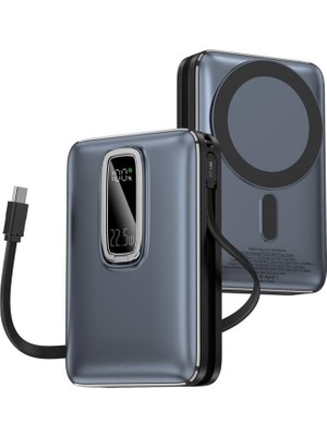Magnetic Powerbank, 10000MAH Kablosuz Hızlı Şarj Magsafe Uyumlu LED Ekranlı, 22.5W Pd Qc Taşınabilir Şarj Cihazı, Standlı, Type-C USB Power Bank Güç Kaynağı Derin Lacivert