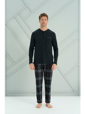Erkek Interlok Genç Önü Patlı Pijama Takım | Siyah 2233