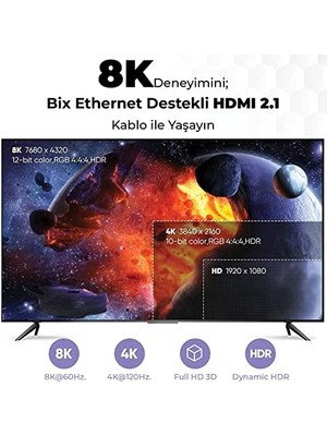 Bix PHD03 8K@60Hz Ultra Yüksek Hızlı HDMI & Ethernet Kablosu, 48GBPS Veri Aktarım Hızı, HDMI 2.1, Hdr, Earc, 3D Ready Teknolojisi, Bilgisayar Monitörü, UHD Tv, Ps5, Ps4 Uyumlu 3 Metre Kablo