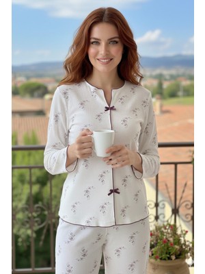 Sude Kadın Kapadokya Patlı Yaka Çiçek Desenli Pijama Takımı | Bordo 500