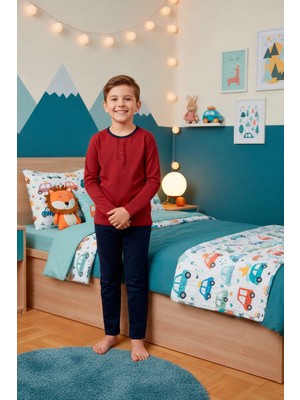 Kompedan Erkek Çocuk Interlok Bisiklet Yaka Pijama Takımı | Bordo 204