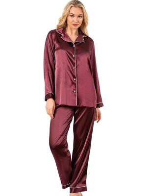 Ahu Biyeli Uzun Kol Saten Önden Düğmeli Pijama Takımı | Mürdüm 7647