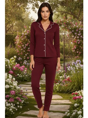 Kompedan Kadın Pamuklu Süprem Önden Düğmeli Biyeli Pijama Takımı | Bordo 127