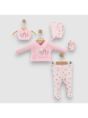 Bebeva Baby Yenidoğan Kız Bebek %100 Pamuklu Ahududu Nakışlı Kruvaze Zıbınlı 5'li Hastane Çıkış Seti - Pembe