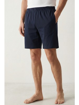 elemge Pamuklu Erkek Şort Pijama Alt Lacivert Cepli Ince Penye Esnek Rahat Kalıp Lastikli Terletmez Likralı