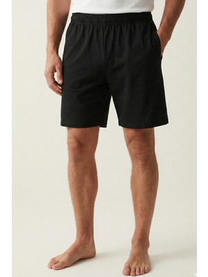 elemge Pamuklu Erkek Şort Pijama Alt Siyah Cepli Ince Penye Esnek Rahat Kalıp Lastikli Terletmez Likralı