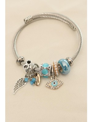 Normadia Mavi Taşlı Kadın Charm Çelik Bileklik, Şıklığa Renk Katıyor