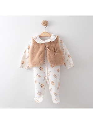 Bebeva Baby Yenidoğan Bebek %100 Pamuklu Peluş Yelekli Bebe Yakalı Çiçek Desenli Patikli Tulum Seti - Ekru/taba
