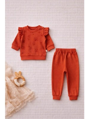The Nest Kids Autumn Clay Premium Organik Pamuklu Kırmızı Fırfır Detaylı Günlük Bebek Alt Üst Takım