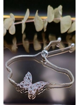 Normadia Gümüş Renk Asansör Zincir Kelebek Zirkon Taşlı Bileklik