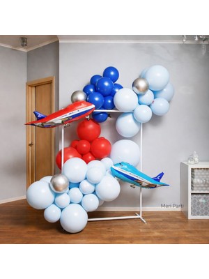 Meri Parti Uçak Temalı Balon Arka Fon Seti Kırmızı Mavi Konsept Doğum Günü Dekoru