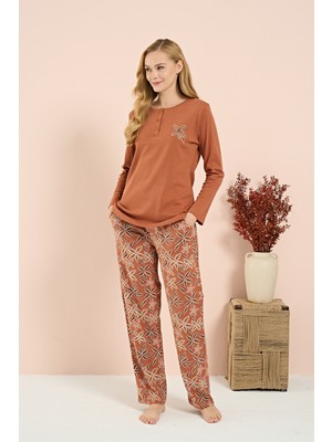 Kadın Interlok Genç Desenli Önü Patlı Pijama Takım | Kiremit 3216