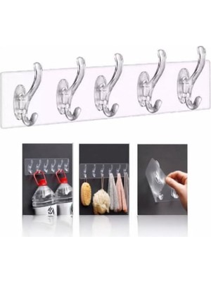 Eco Lounge 2 Adet Kendinden Yapışkanlı 5 Kancalı Askı Seti | Duvara Delmeden Montaj, Şeffaf ve Güçlü Yapışkanlı Çok Amaçlı Organizer | Banyo, Mutfak ve Kapı Arkası Için (35X7 Cm)