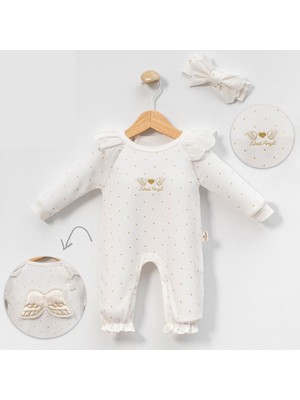 Bebeva Baby Yenidoğan Kız Bebek %100 Pamuklu Melek Kanadı Nakışlı Dantel Yakalı Şapkalı Tekli Tulum - Ekru