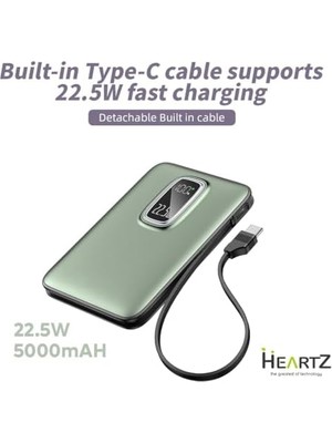 Magnetic Powerbank 5000MAH Kablosuz Hızlı Şarj LED Gösterge Ekran Magsafe Uyumlu 22.5W Pd Qc Taşınabilir Şarj Cihazı Standlı Kendinden Kablolu Type-C USB Power Bank Güç Kaynağı Fast Zümrüt Yeşil