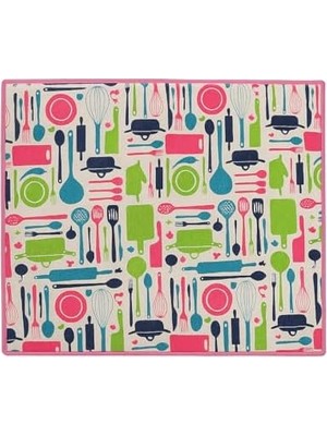 Eco Lounge Mutfak Desen Bulaşık Kurutma Altlığı, 35X45 Cm, Pembe ve Yeşil Çerçeveli, Mutfak Gereçleri Desenli