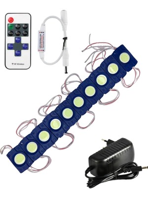 Powerr Led Aydınlatma 20 Adet 12 Volt 2.4 Watt Turkuaz Kare Cob LED Modül 12A Tek Renk Rf Dimmer 2A Priz Tipi Adaptör Set