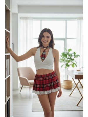 İmoda Kadın Cesur Ekoseli Dantelli Mini Etek, Tanga ve Bluz Takım