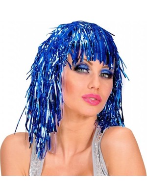 Buğz Mavi Işıltılı Metalize Parti Peruğu