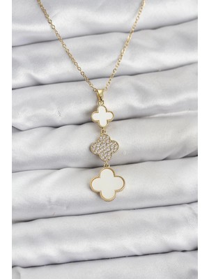 Calperia 316L Çelik Zincir Gold Renk Yonca Detaylı Zirkon Taşlı Kadın Kolye