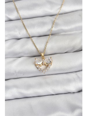 Calperia 316L Çelik Zincir Gold Renk Kalp ve Fiyonk Model Zirkon Taşlı Kadın Kolye