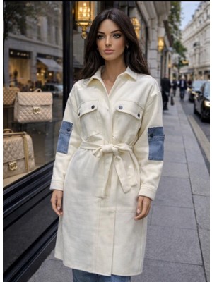 See More Kuşaklı Yüksek Kalite Denim Detaylı Uzun Ceket