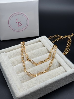 Alsem Kadın 14 Ayar Gold Renk Çift Sıralı Geçmeli Zincir Kolye , 40 cm Choker Zincir , Halat Zincir