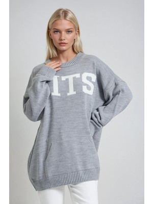 Lijuri Oversize Rahat Kalıp Yazılı Triko Kazak 1418