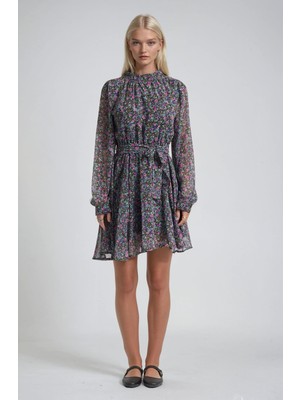 Lijuri Çiçekli Şifon Kloş Mini Elbise 2025