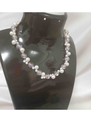 Shine Elagance Pembe Şeffaf Inci Aralarda Krem Inci ile Birlikte Kapamaları Gümüş Rengi Çelik El Yapımı Kadın Şık Kolye Sevgililer Günü Hediyesi