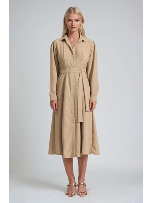 Lijuri Kuşaklı Düğmeli Gömlek Yaka Midi Elbise 2020