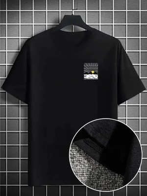 Giyim Center Erkek Dağ Grafikli Tişört, Yaz Için Büyük Beden Rahat T-Shirt - Siyah