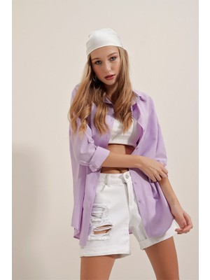 Queene Dreams 3900 Oversize Uzun Basic Gömlek - Lila