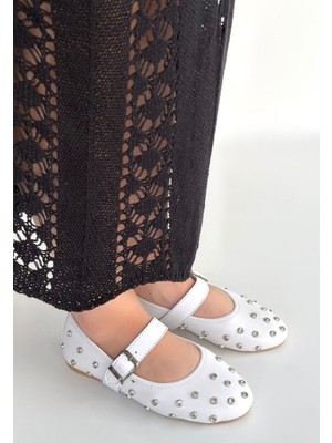 Alfaze Kemerli Taşlı Ortopedik Topuk Dikenine Karşı Özel Üretim Babet Ayakkabı Beyaz Topuk Boyu 1 cm