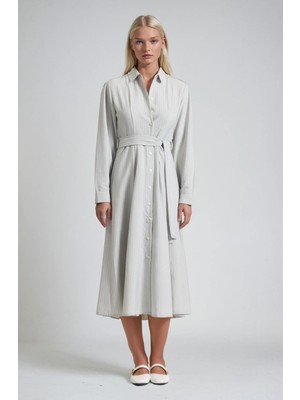 Lijuri Kuşaklı Düğmeli Gömlek Yaka Midi Elbise 2020