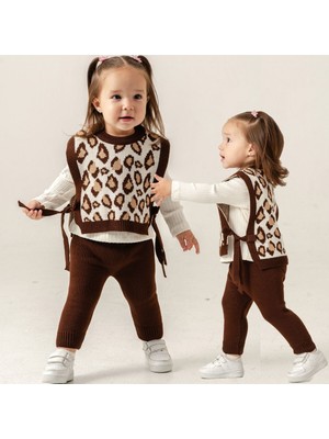 The Secret Desire Leopar Desenli Kız Çocuk 3’lü Triko Takım (Yelek + Bluz + Pantolon) 9 Ay