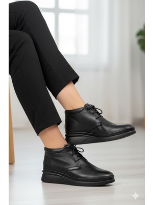 Shoemix Hakiki Deri Siyah Kadın Bot Akıllı Bağcıklı Casual Günlük Bot