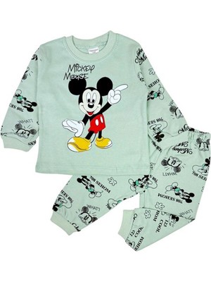 The Secret Desire Mickey Mouse Baskılı Erkek Çocuk Pijama Takımı (Uzun Kollu Üst + Alt) 6-12 Ay Su Yeşili